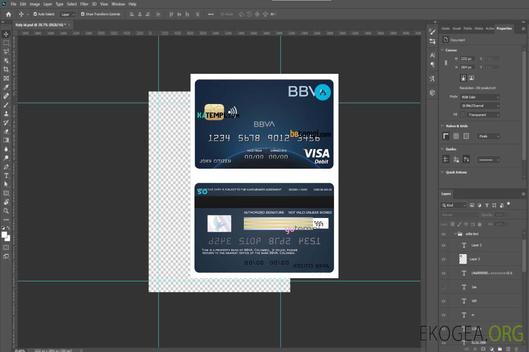 Modèle de carte de débit visa bancaire Colombie BBVA au format PSD, entièrement modifiable template Modèle de carte de débit visa bancaire Colombie BBVA au format PSD, entièrement modifiable template